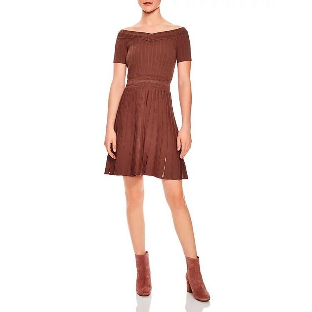 Sandro Paris Lottie Off The Shoulder Dress Knit Cinnamon Cocoa Brown Size 34 XS